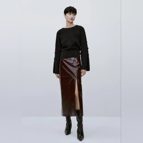 MASSIMO DUTTI Real Patent Leather Midi Skirt,Split Blogger Fav BNWT UK M - Picture 1 of 16